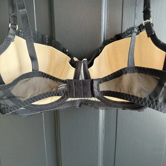 DKNY 34D Black Lace Balconette Plunge Sheer Floral Underwire Bra Lingerie - Picture 6 of 15